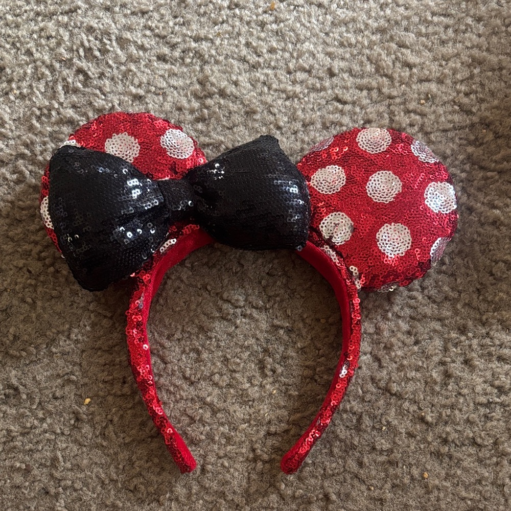 Red Sequin Minnie Ear Headband with Black Bow